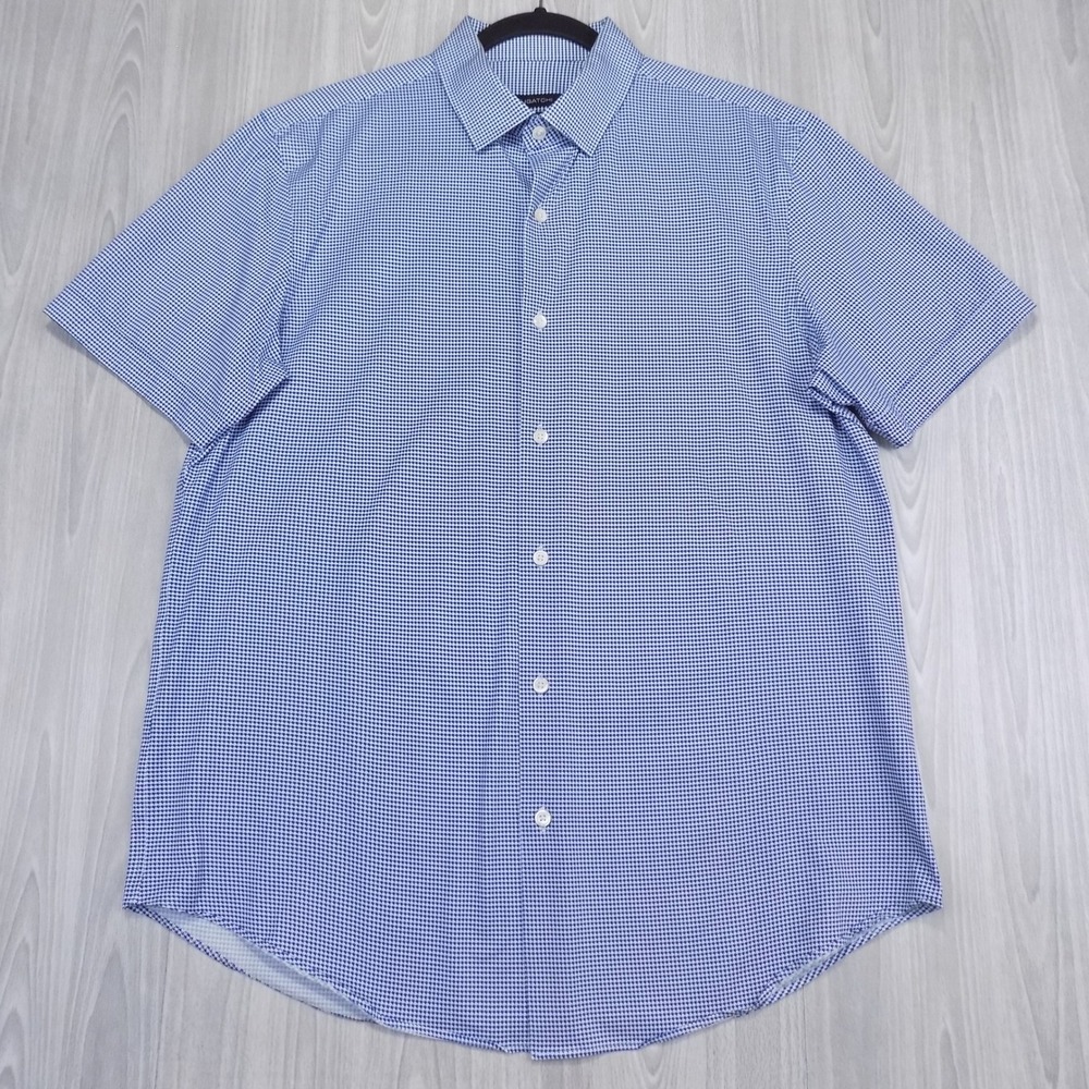 Bugatchi 8 Way Stretch Shirt Mens XL Blue Houndstooth Short Sleeve Performance
